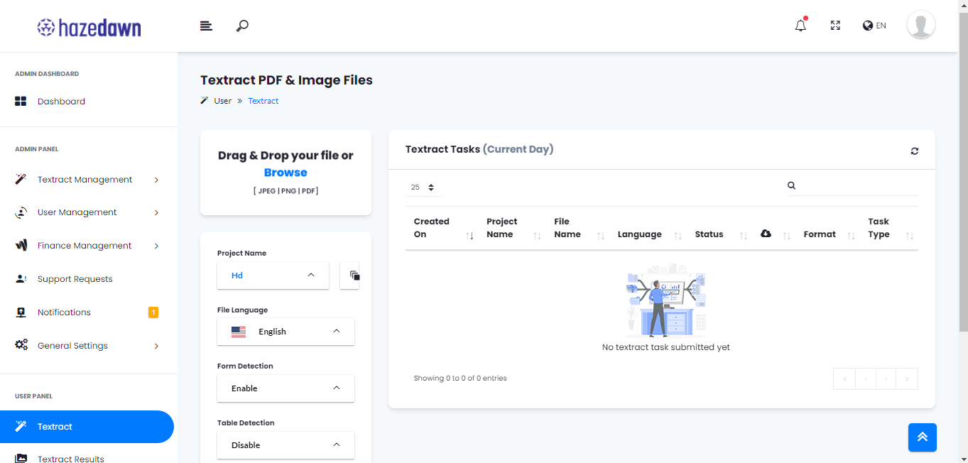 textract(user panel)